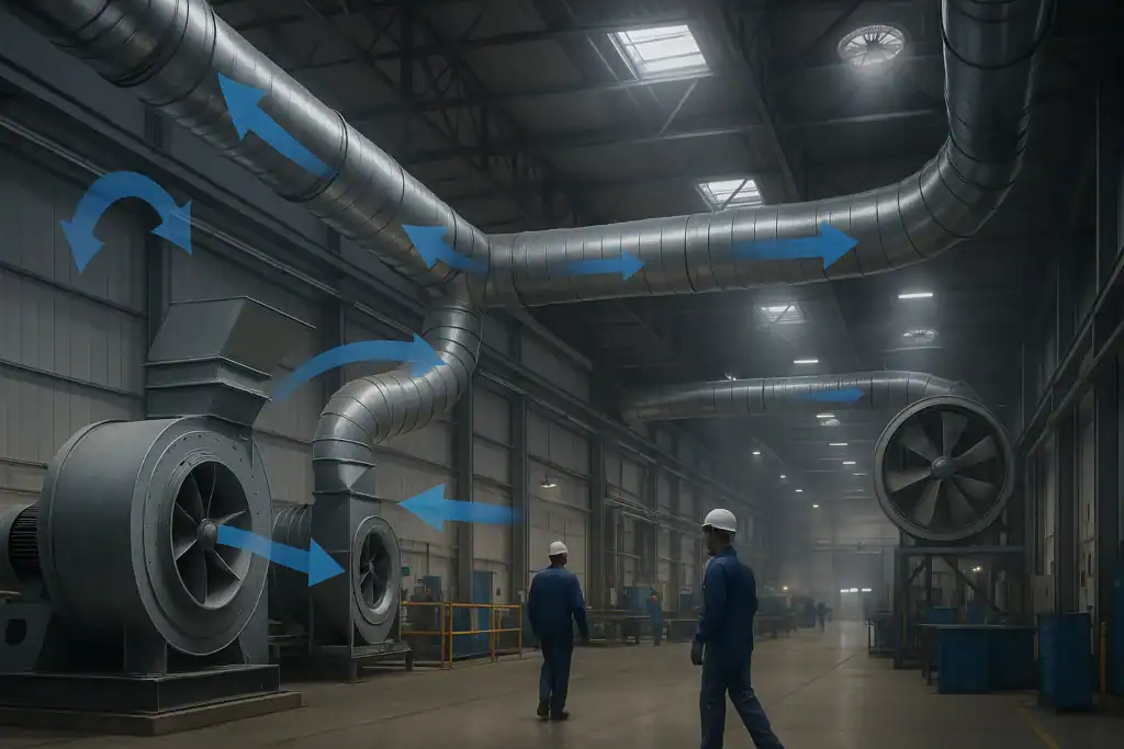 Sistema de ventilación general industrial MCAT con extractores y renovación de aire en nave de producción.