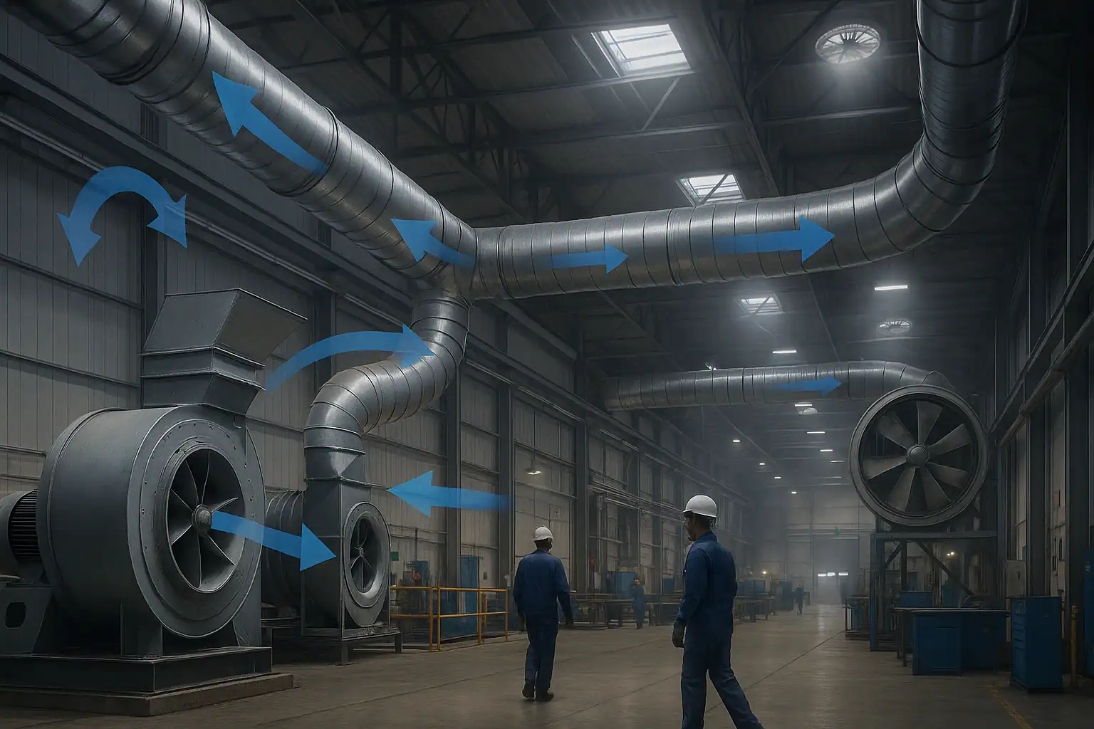 Sistema de ventilación general industrial MCAT con extractores y renovación de aire en nave de producción.