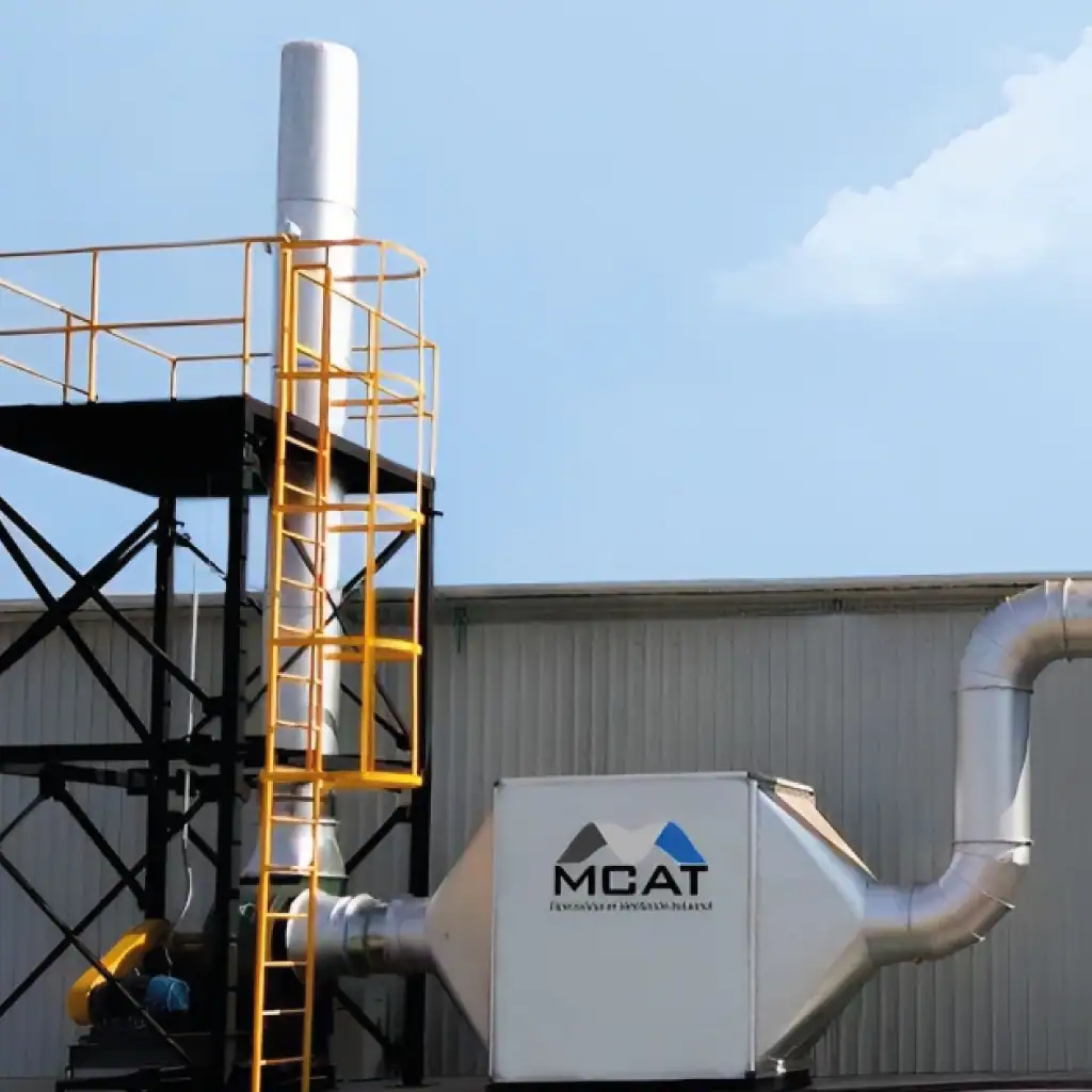 Sistema de ventilación industrial MCAT con ventilador centrífugo, caja plenum, ductos y chimenea en exterior