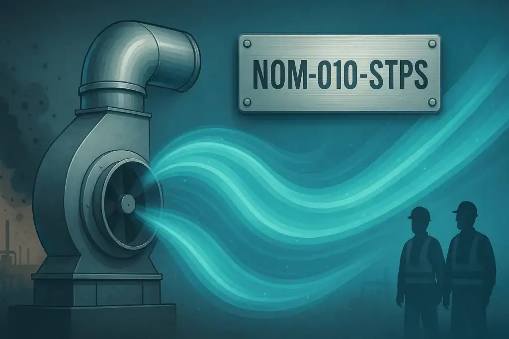 Ilustración de ventilación industrial con trabajadores y referencia a la NOM-010-STPS en México.