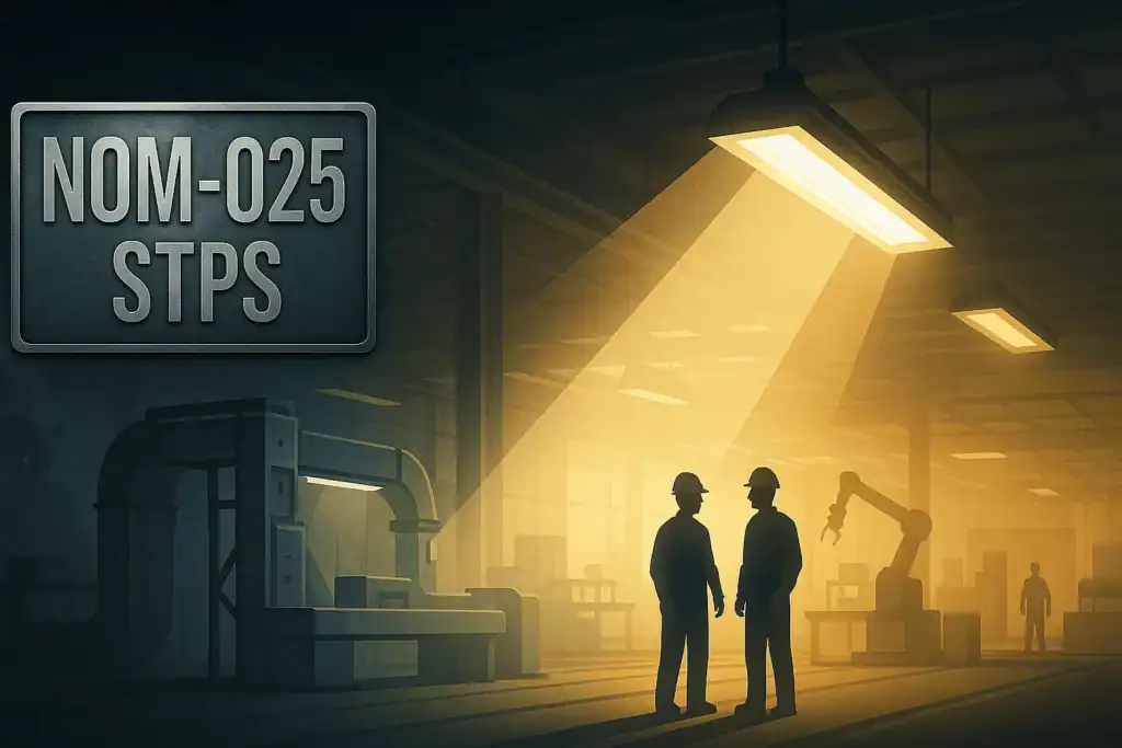 Ilustración de la NOM-025-STPS mostrando condiciones de iluminación en áreas industriales.