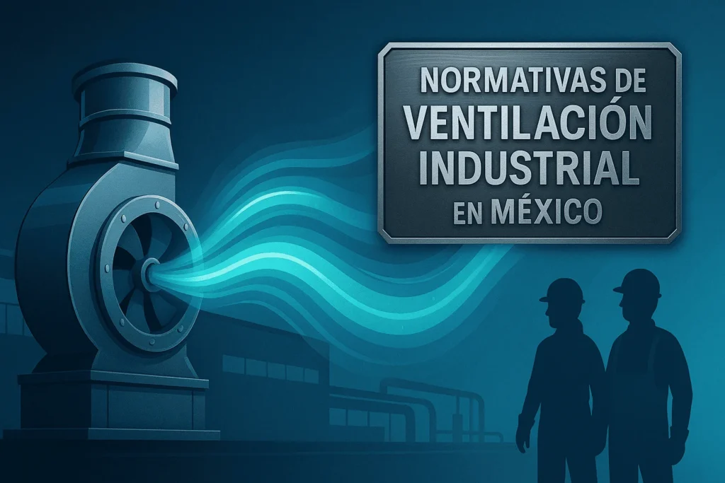 Normativas de ventilación industrial en México representadas con sistema de extracción y aire limpio.