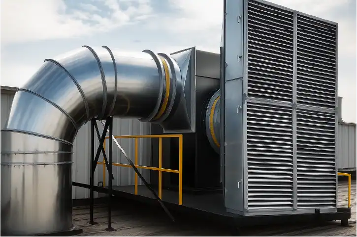 Unidad de manejo de aire con ducto y louver para ventilación industrial instalada en azotea