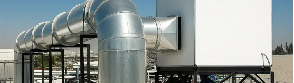 Unidad de manejo de aire (UMA) con ductos galvanizados en azotea — ventilación industrial en México