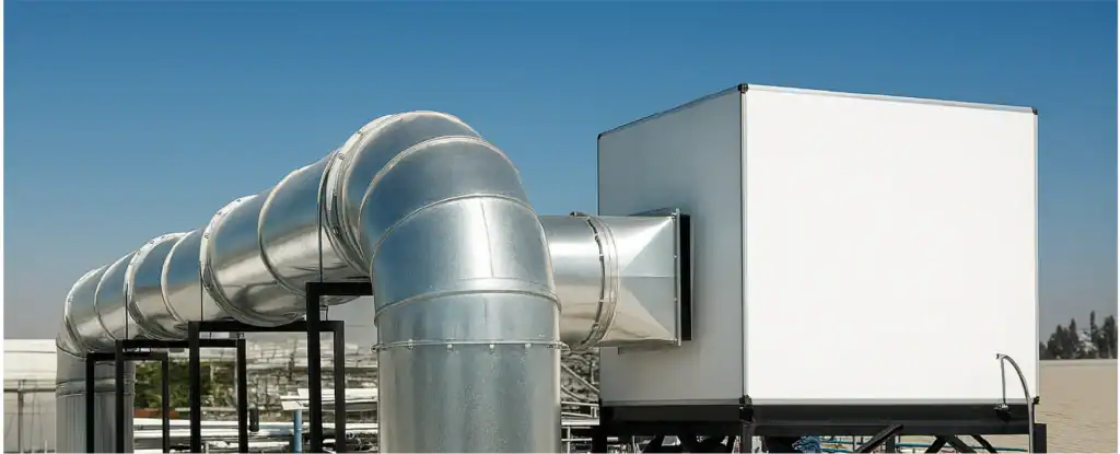 Sistema de ventilación industrial en azotea con UMA y ductos galvanizados de gran diámetro
