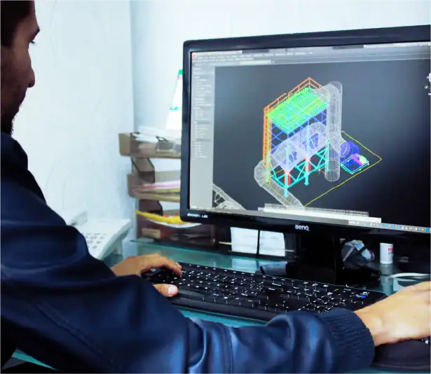 Ingeniero de MCAT diseñando en CAD un sistema de ventilación industrial con ductos y colector
