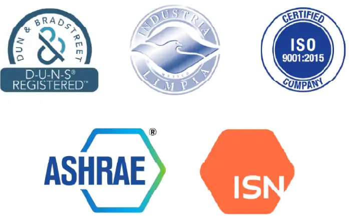Sellos y certificaciones MCAT: D-U-N-S Registered, Industria Limpia, ISO 9001:2015, ASHRAE e ISN — confianza en ventilación industrial