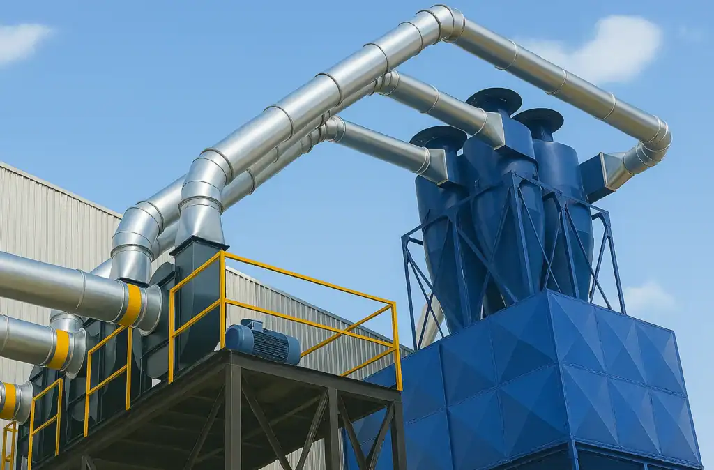 Colector de polvo ciclónico múltiple con ductos galvanizados y ventilador — separación de partículas por fuerza centrífuga