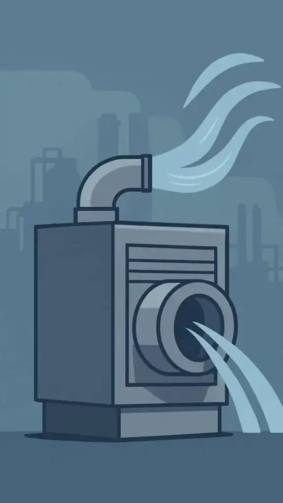 Ilustración de ventilación industrial con corrientes de aire limpio sobre fondo azul.