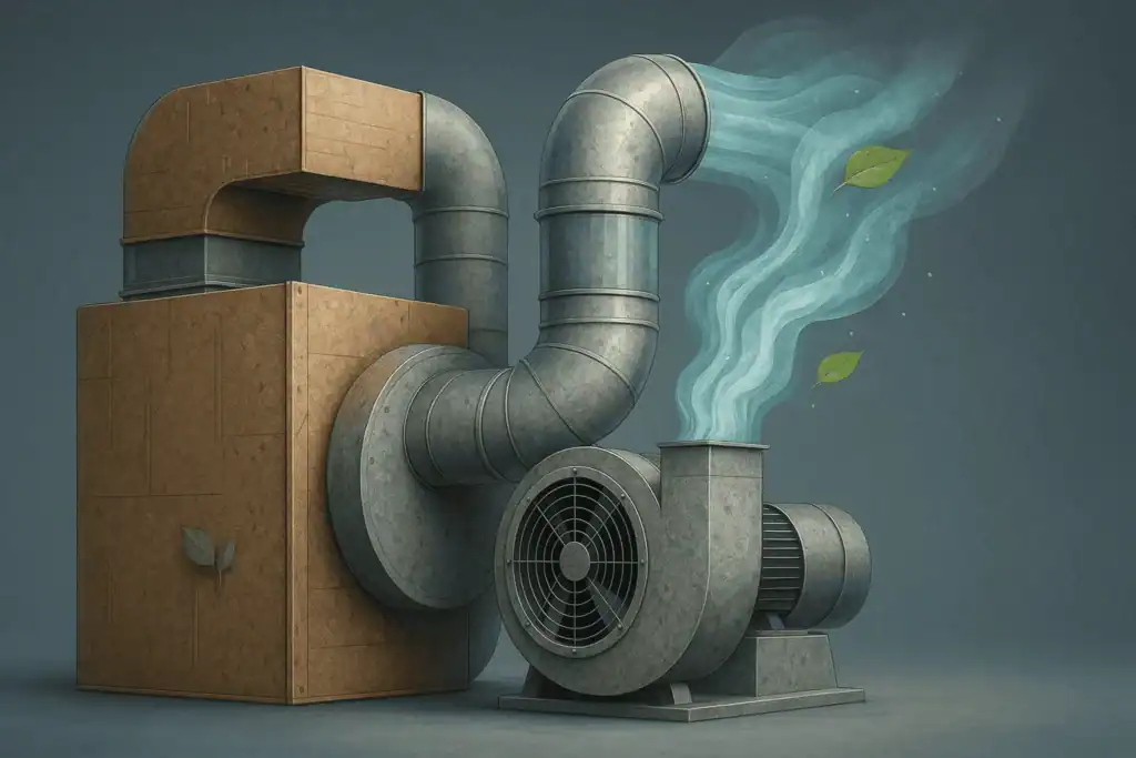 Sistema de ventilación industrial fabricado con materiales reciclables que impulsa aire limpio y sostenible.