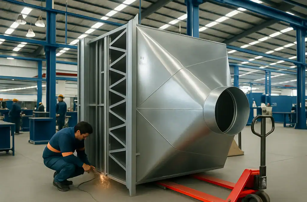 Fabricación de caja plenum galvanizada para ventilación industrial en taller MCAT