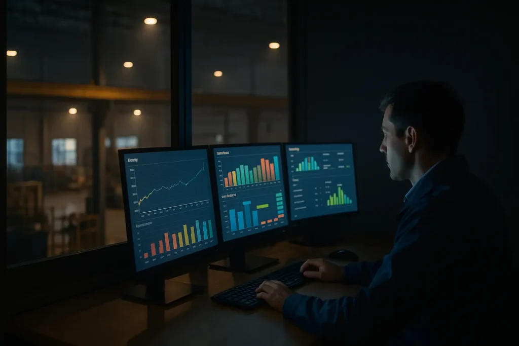 Ingeniero en una sala de control industrial ajustando en monitores los parámetros de energía, horarios y crecimiento futuro para afinar el cálculo de CFM