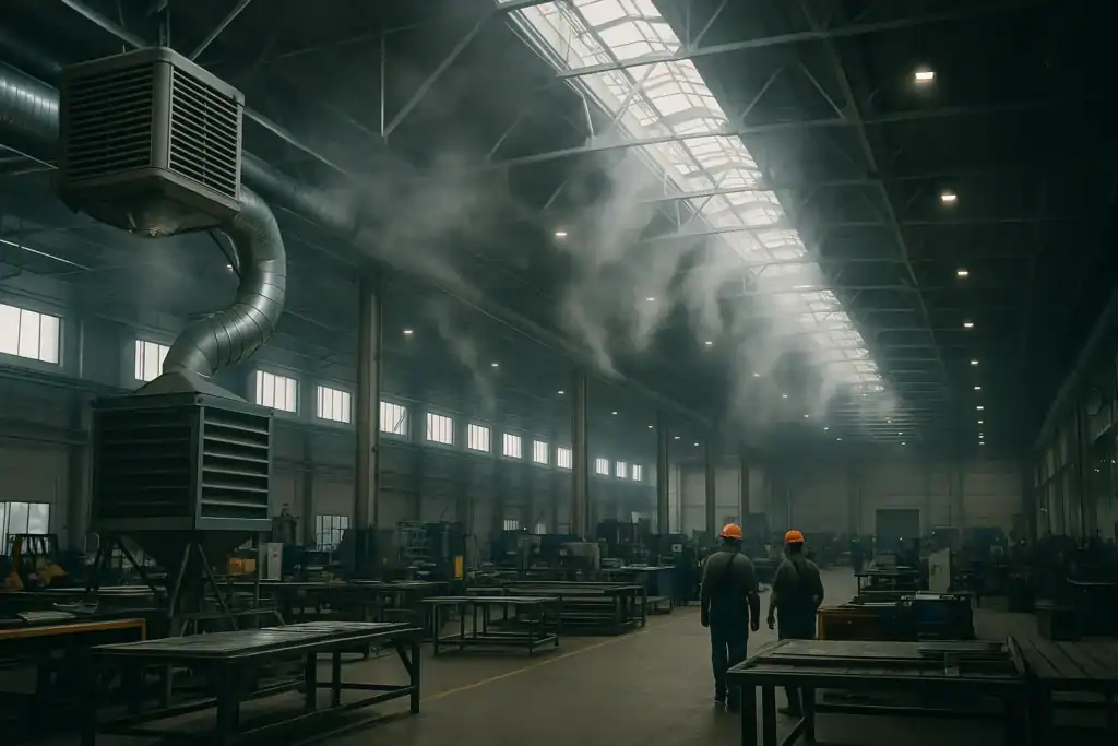 Interior cinematográfico de una planta industrial moderna en México con difusores de aire, ventilación evaporativa y trabajadores bajo un ambiente térmico controlado.