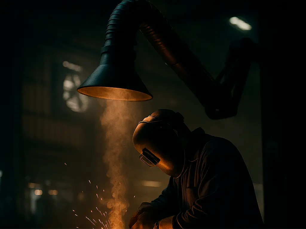 Imagen vertical cinematográfica de un operario soldando con un sistema de extracción localizada capturando humos directamente en la fuente