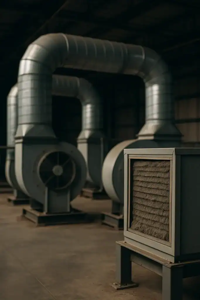 Interior de planta industrial con ductos metálicos, ventiladores centrífugos y un filtro sucio que simboliza la pérdida de eficiencia energética.