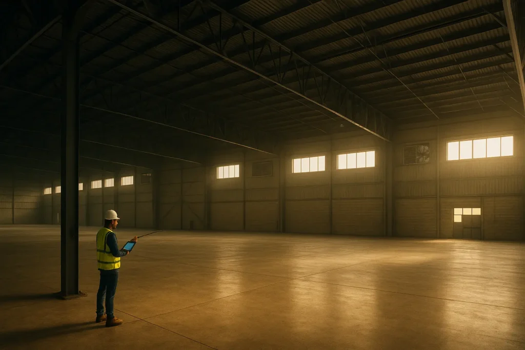 Ingeniero midiendo largo, ancho y altura de una nave industrial vacía para calcular el volumen y el CFM