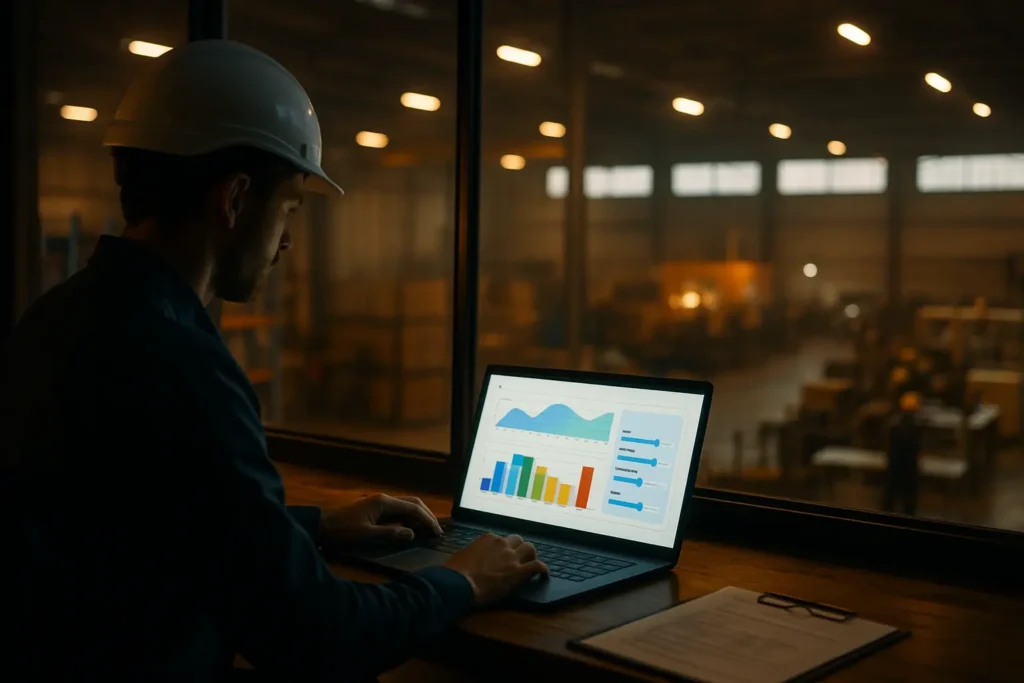 Ingeniero frente a una laptop con gráficos de renovaciones de aire por hora mientras observa diferentes áreas de proceso en una planta industrial