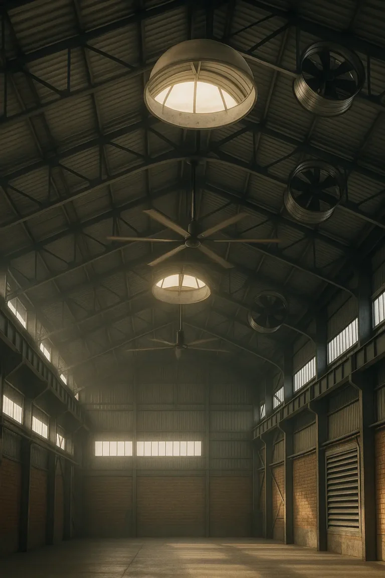 Interior vertical de una nave industrial con domos de luz, ventiladores de techo y extractores en muros que representan ventilación natural, mecánica e híbrida