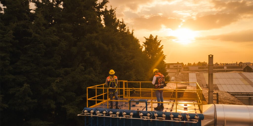 Técnicos realizando inspección y mantenimiento en altura sobre colector de polvos; servicio en campo para ventilación industrial con EPP y plataforma segura